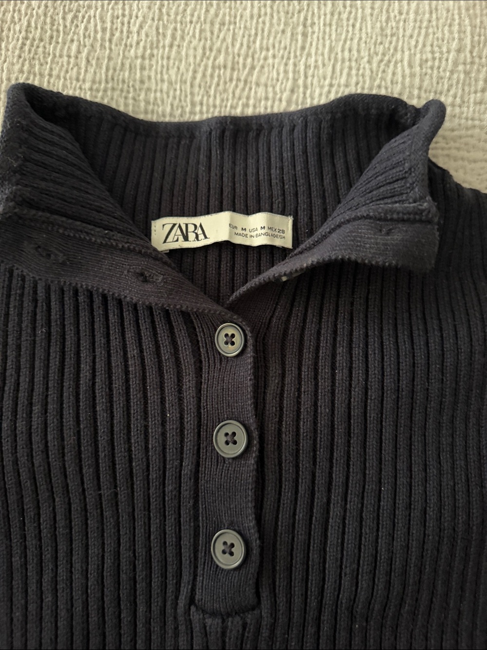 Zara Navy Ribbed Button-Front Cropped Pullover - Picture 3 of 5